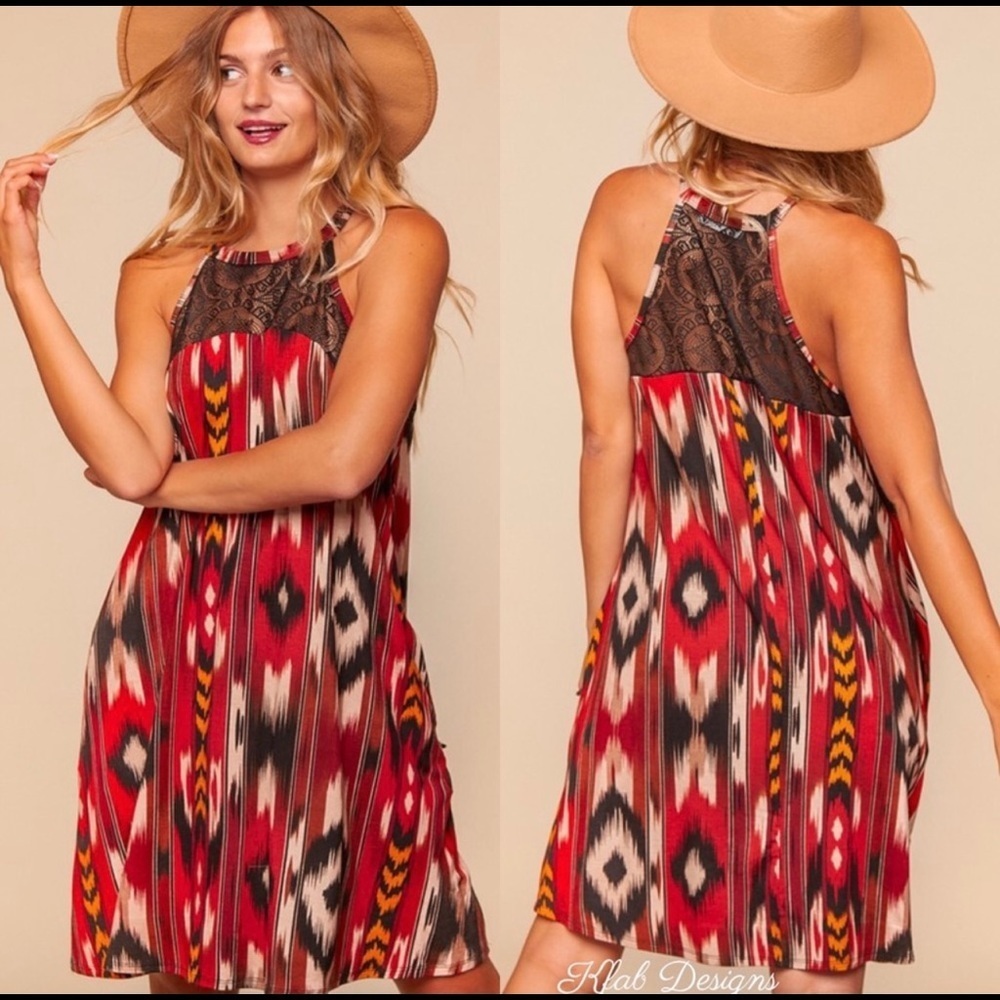 New! Sale 🔥Boho Crochet Lace Yoke Halter Dress